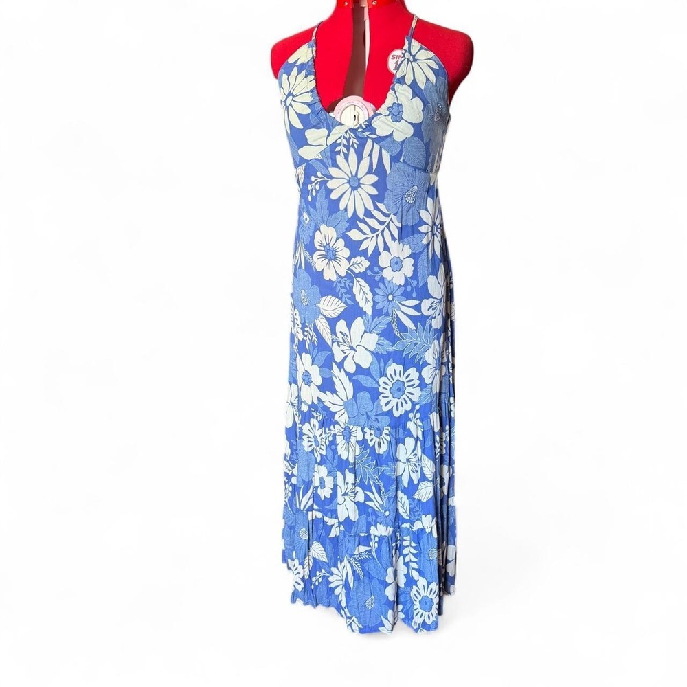Y2K Angie blue & white floral halter maxi dress with keyhole back details size L